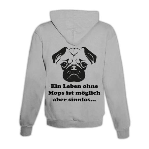 JoyLine Hoodie mit Zipper Mops Unisex Grösse: L, Farbe: Grau