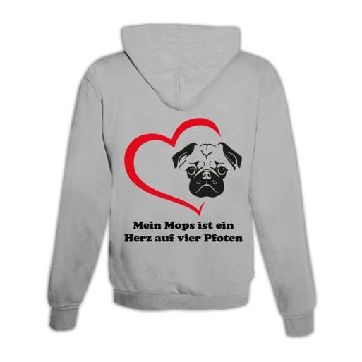 JoyLine Hoodie mit Zipper Mops Herz Unisex Grösse: XXL, Farbe: Grau