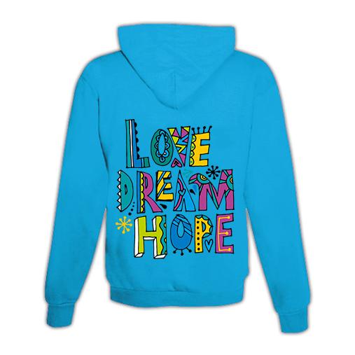 JoyLine Hoodie mit Zipper Love, Dream, Hope Unisex Grösse: M, Farbe: Hellblau/Türkis