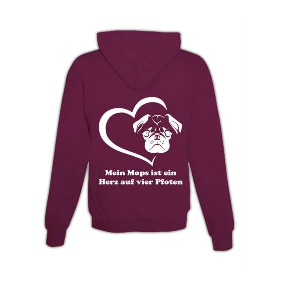 JoyLine Hoodie mit Zipper Mops Herz Unisex Grösse: M, Farbe: Burgundy